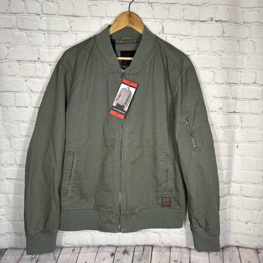 NWT Lucky Brand Men's‎ Full-Zip Classic Cotton Bomber Jacket Olive Medium